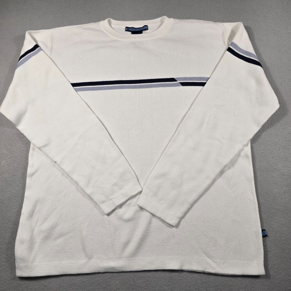 Axist Men's Large White Navy Blue Striped Crewneck Knit Pullover Sweater Cotton